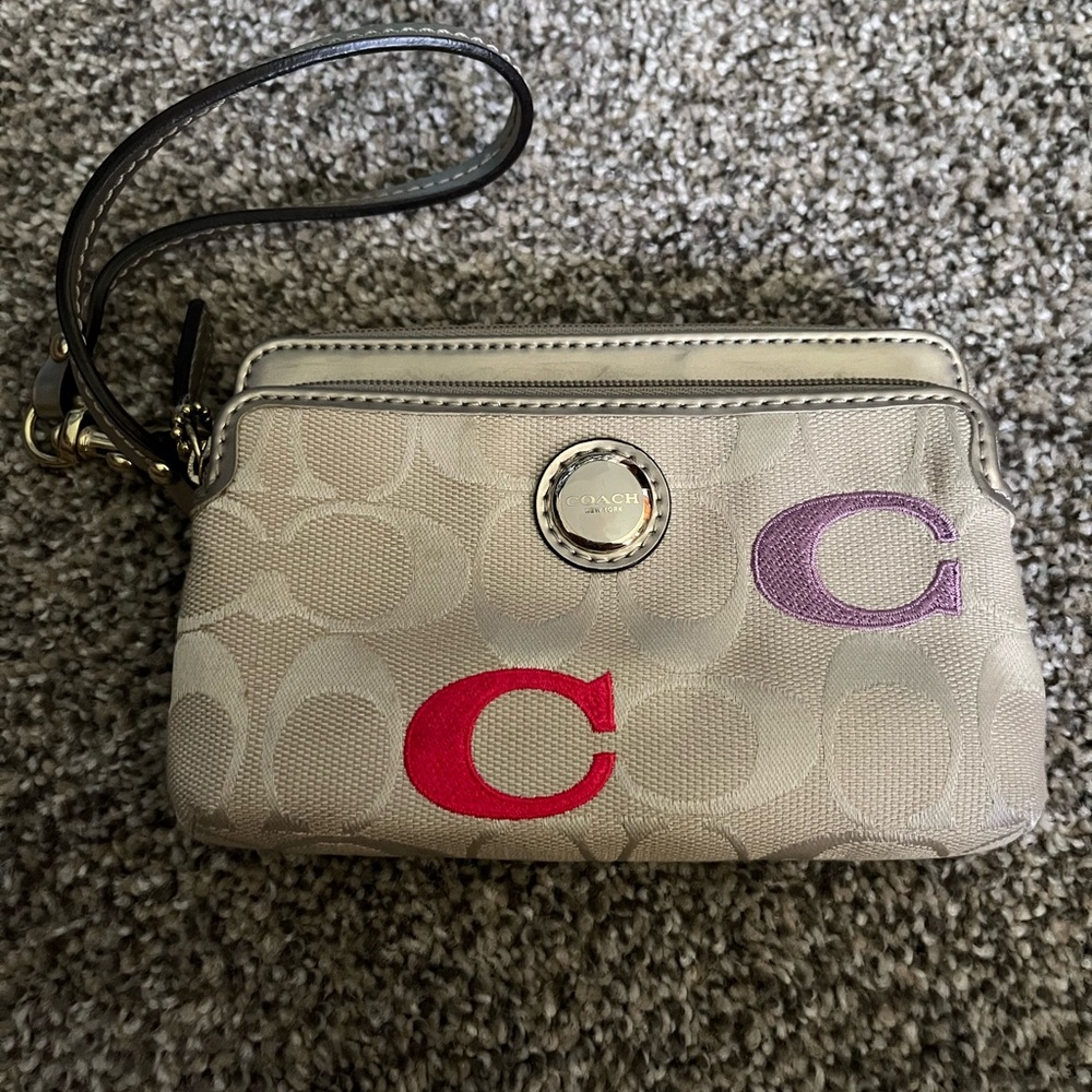 Coach Signature Beige Wristlet with Red and Purple Letters